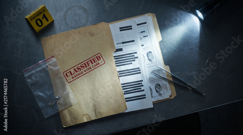 Classified Forensic Case File with Fingerprint Evidence and Evidence Marker