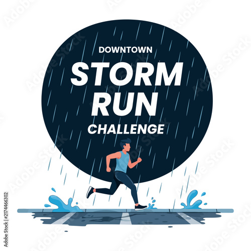 Athletic Man Running Through City Storm Challenge Event