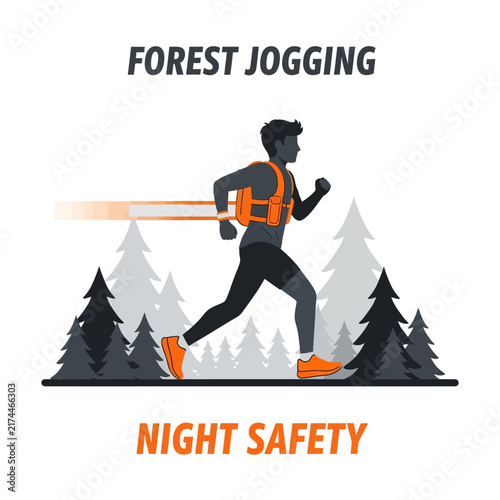Athletic Man Running Through Dark Forest At Night With Safety Vest