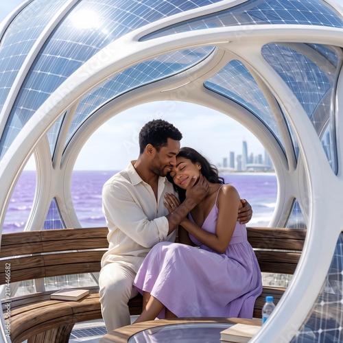 African american couple embracing inside futuristic solar powered dome pavilion by sea. Woman and man hugging with romantic love concept. Sustainable technology and eco architecture innovation