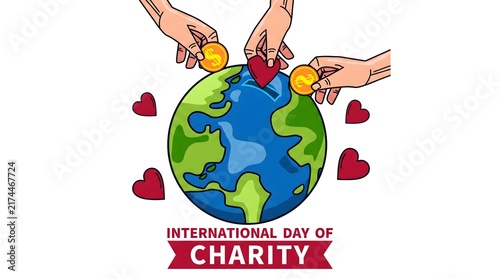 Hands dropping coins and hearts into a globe for charity with multiple hands placing gold coins red with community