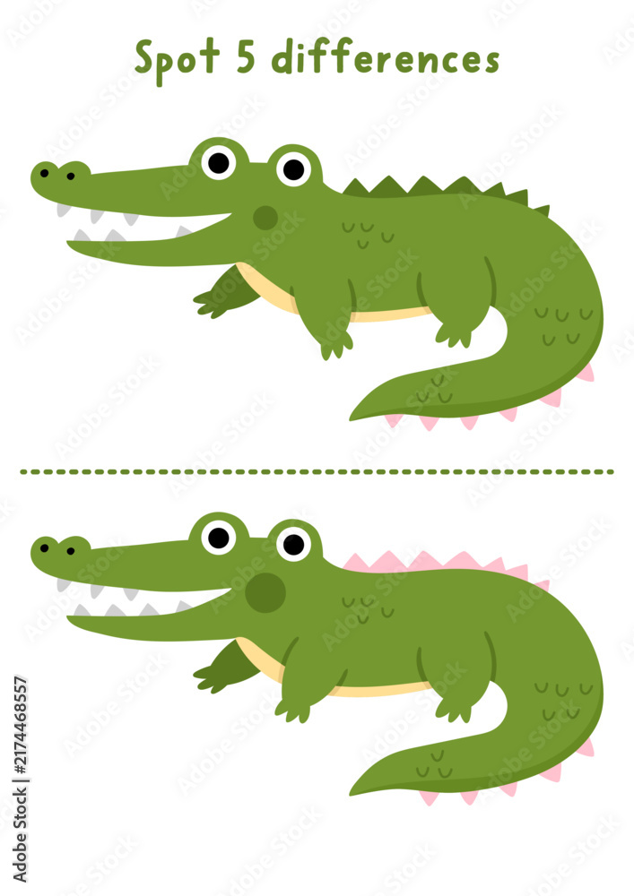 Obraz premium Safari find differences game for children with crocodile. African savanna educational activity with cute animal. Puzzle for kids with funny character. Savannah printable worksheet, page