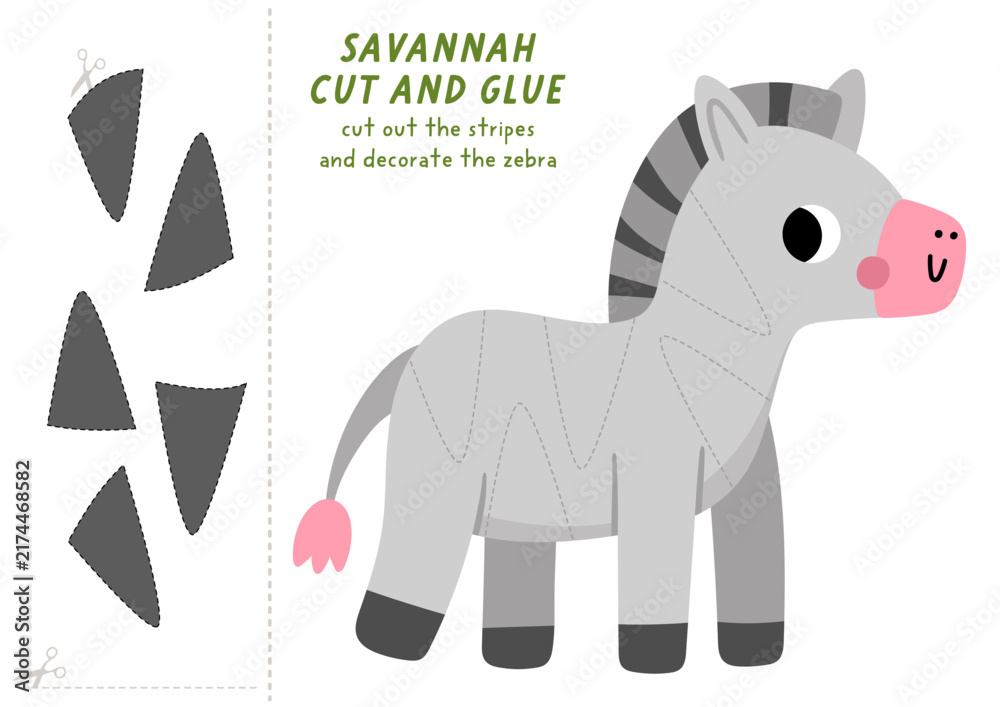 Fototapeta premium Vector savanna cut and glue or sticker activity with zebra stripes. Safari scissors practice game with animal skin pattern. Fill up African savannah worksheet. Complete picture, puzzle