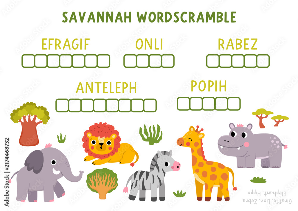 Obraz premium Vector safari animals word scramble activity page. English language game with lion, giraffe, elephant, hippo for kids. African savannah family quiz. Wildlife savanna nature printable worksheet