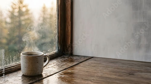 Ceramic coffee mug steaming on wooden windowsill against misty pine forest background for cozy morning routine and mindful lifestyle content