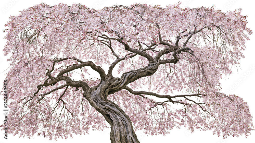 Fototapeta premium Isolated majestic ancient weeping cherry blossom tree in full bloom, delicate pink flowers