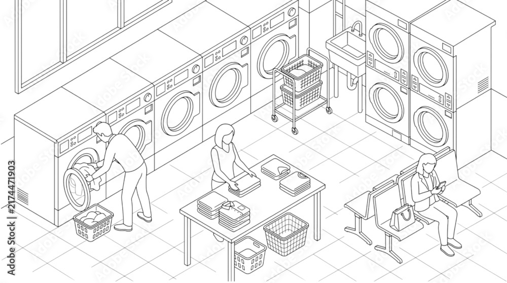 Fototapeta premium Isometric Outline Vector Illustration of a Busy Laundromat Interior with People Washing and Folding