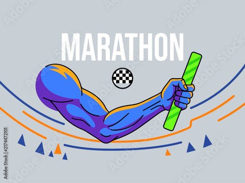 Arm Holding Marathon Baton With Graphic Elements And Chequered Flag Symbol