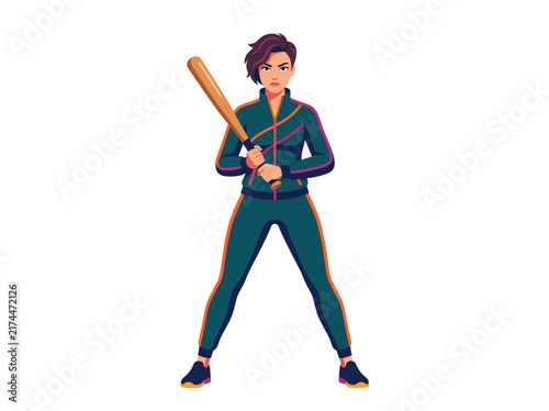 Assertive Young Woman Ready To Swing Baseball Bat Confident Stance