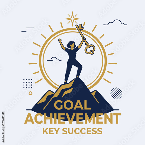 Ascent To Success Woman Holds Key Victorious Goal Achievement Concept