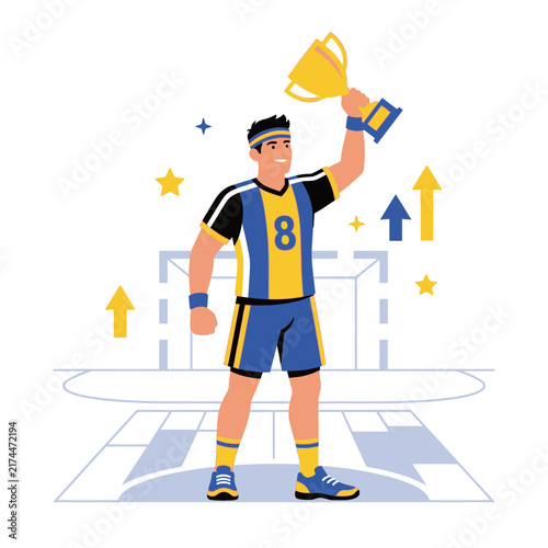 Athlete Celebrates Victory Holding Up Championship Trophy And Achieving Success