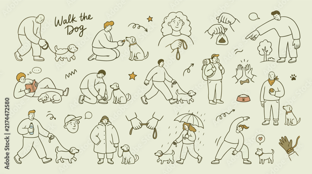 Fototapeta premium Hand drawn walk the dog icon set, minimalist line art people with pets, cute doodle collection of dog walking activities and pet care