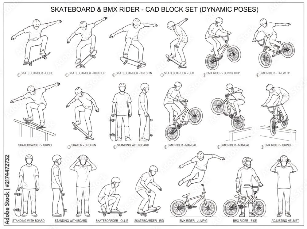 Naklejka premium CAD Block Set of Skateboard and BMX Rider Silhouettes in Dynamic Action Poses