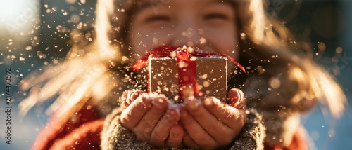Child holding a small wrapped gift box in their hands while magical holiday confetti sparkles brightly in the winter air.