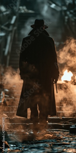 Detective wearing a trench coat and fedora hat standing in a dark alleyway filled with smoke and dramatic atmosphere.
