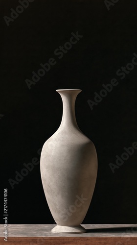 Ceramic vase stands elegantly against a dark moody backdrop with soft artistic lighting.