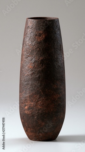 Vase made of textured dark ceramic stands isolated on a neutral gray background with gentle lighting.