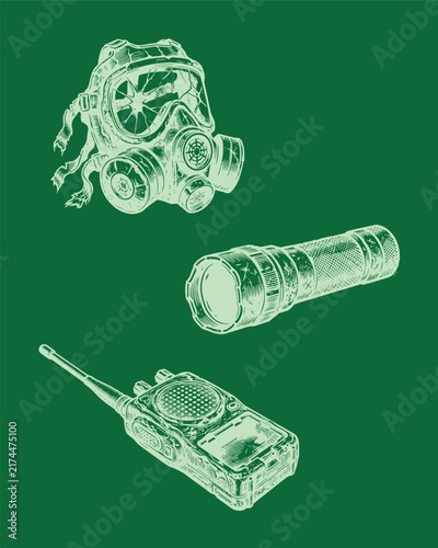 Fotografie eerie infected undead military gas mask, dead tactical flashlight and static wal