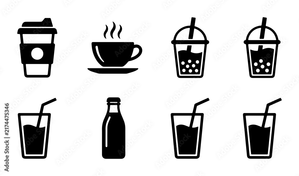 Obraz premium Beverage Icons Set: Coffee, Tea, Juice, Soda, Bubble Tea, Water Bottles, Vector Graphics