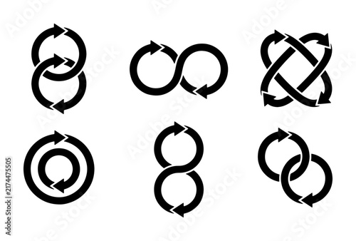 Interlocking Arrows and Infinity Symbols, Circular Motion Icons, Endless Loop Graphics, Cycle and Process Vector Set, Black and White Abstract Concepts