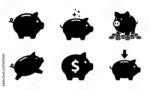 Piggy Bank Icons Set, Financial Savings Vector Graphics, Money Box Collection, Investment and Wealth Symbols
