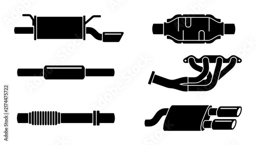 Bild auf Leinwand Automotive Exhaust System Parts Collection, Car Muffler and Catalytic Converter