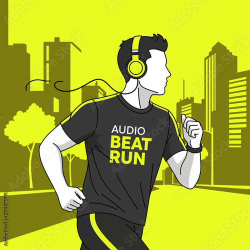 Active Man With Headphones Running In Urban Environment Enjoying Music