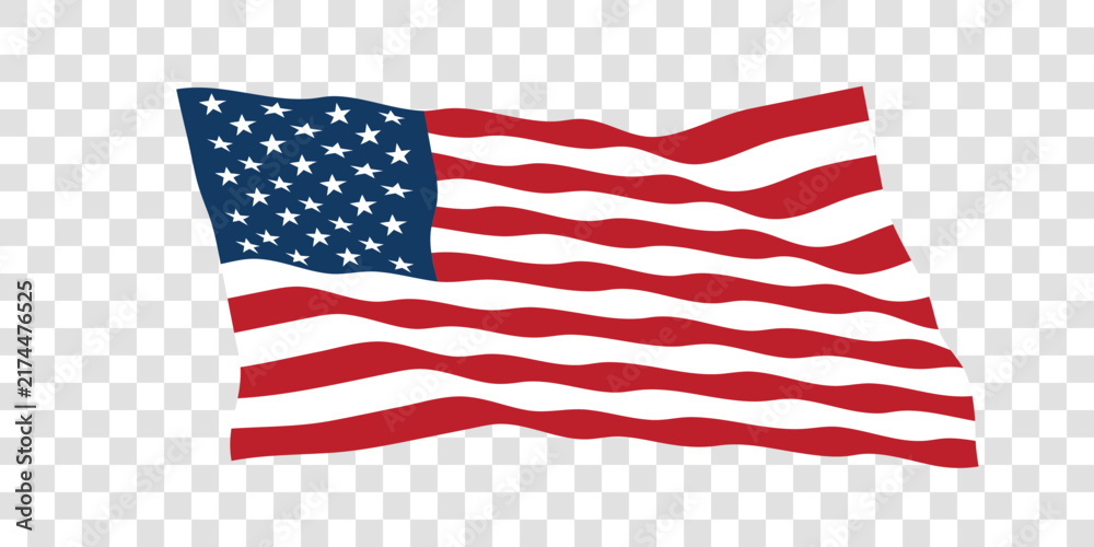 Fototapeta premium Classic waving American flag illustration featuring white stars on a blue field with red and white stripes. Clean patriotic vector design isolated on a transparent background, ideal for Independence 