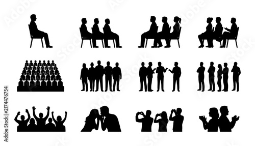 Bild auf Leinwand Diverse Crowd Silhouettes Collection: Audience, Meeting, Group, People Icons for