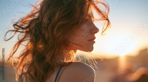 Young woman with curly hair enjoying the warm golden hour sunlight outdoors during evening hours.