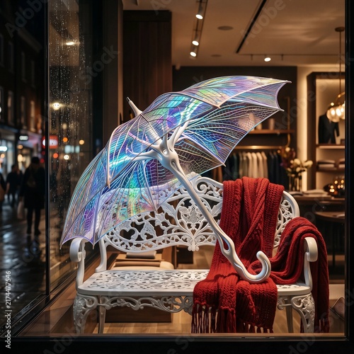 Iridescent umbrella resembling dragonfly wing on white bench with red knitted scarf in boutique shop window. Fashion store display at rainy night. Luxury retail design concept.