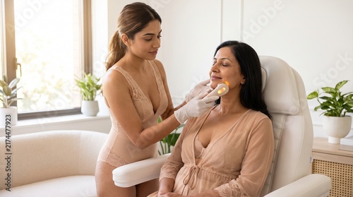Aesthetician Holding RF Device Near Client Jawline