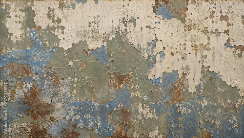 Vintage weathered wall texture, distressed peeling paint on old concrete surface, rustic blue and brown grunge background