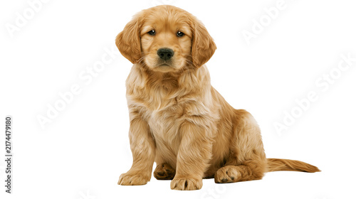Obraz na płótnie Isolated cute golden retriever puppy sitting calmly in a studio, adorable young
