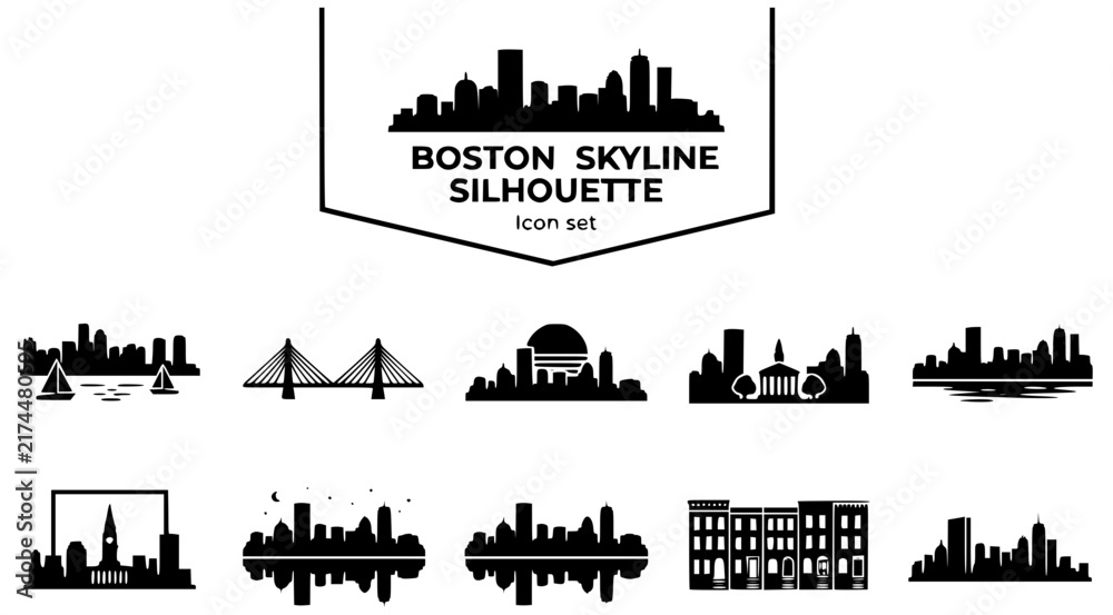 Fototapeta premium Boston City Skyline Silhouette Icon Set with Boston Harbor, Boston Bridge, Boston Common Frame and Brownstone Row, 10 Icons, Flat Vector