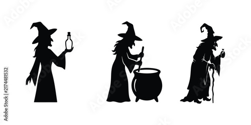 Obraz na płótnie Set of three black silhouettes featuring spooky witches performing magic spells and stirring a bubbling cauldron for Halloween holiday design