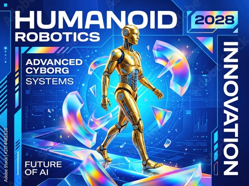 Humanoid robotics poster design, advanced cyborg systems concept, futuristic AI technology banner with golden robot