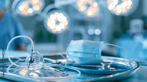 Transcatheter aortic valve replacement prosthesis with delivery catheter on sterile tray in hybrid operating room, concept of TAVR procedure and structural heart care, with copy