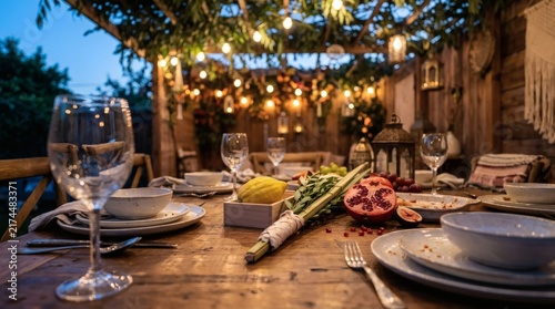 Rustic Outdoor Sukkot Meal with Etrog, Lulav, and String Lights