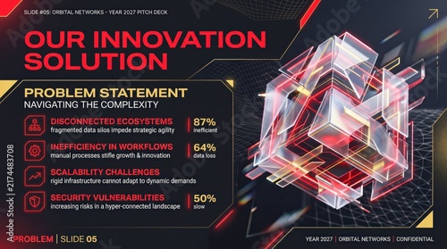 Futuristic business pitch deck slide, corporate innovation solution presentation template, dark high-tech infographic layout