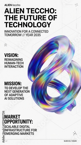 Futuristic technology presentation slide, holographic 3D abstract shape on white background, tech business pitch deck template