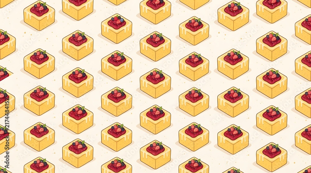 Seamless pattern with sweet square cakes topped with fresh red berries isolated on a clean white background design