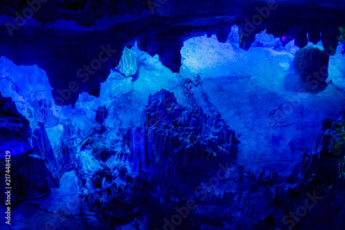 Konstfotografi Guilin, China, reflections of the Reed Flute Cave on the interior lake showcasin