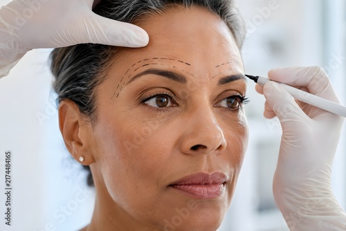 Plastic surgeon marking eyebrow area of mature multiracial woman for thread lift