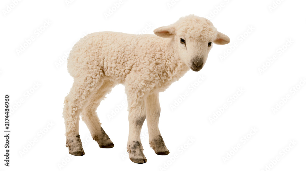 Fototapeta premium Isolated young lamb with fluffy fleece standing calmly, a cute and gentle farm animal