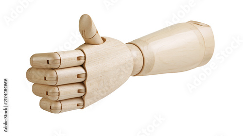 Fotografía Isolated articulated wooden artist mannequin hand making a positive thumbs up ge