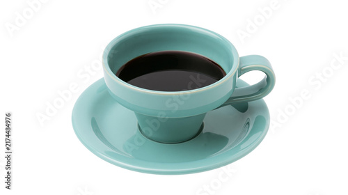 Canvastavla Isolated teal ceramic cup and saucer filled with hot black coffee, elegant drink