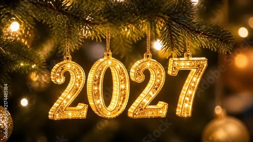 happy new year 2027 delicately from a Christmas tree branch. Each digit is intricately illuminated, casting a warm and inviting ambiance for 2027 year vreated with generative ai