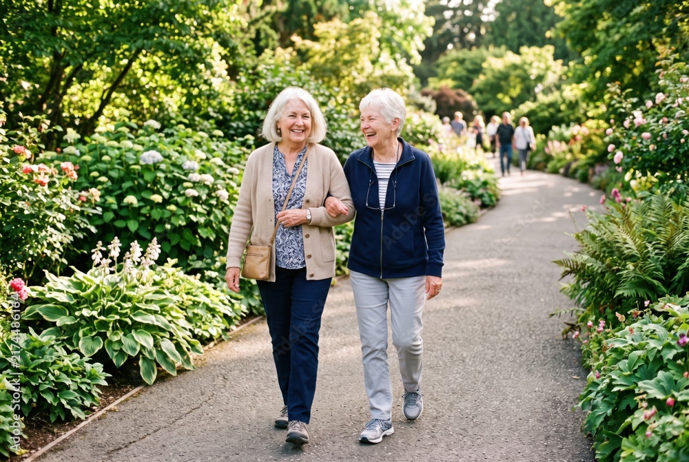 Obraz premium Two senior women walking together in park