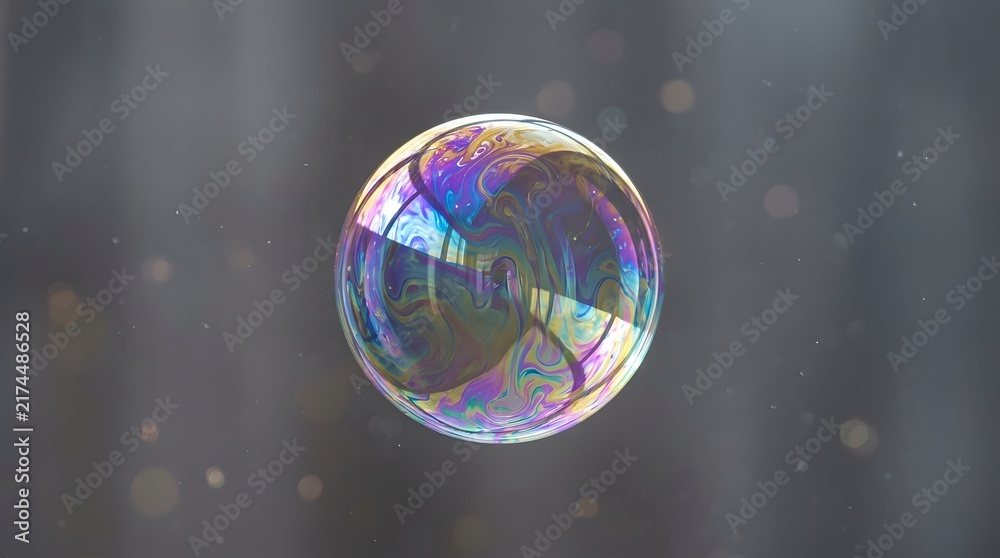 Naklejka premium Single Iridescent Soap Bubble Floating Against A Blurred Gray Background
